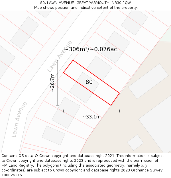80, LAWN AVENUE, GREAT YARMOUTH, NR30 1QW: Plot and title map