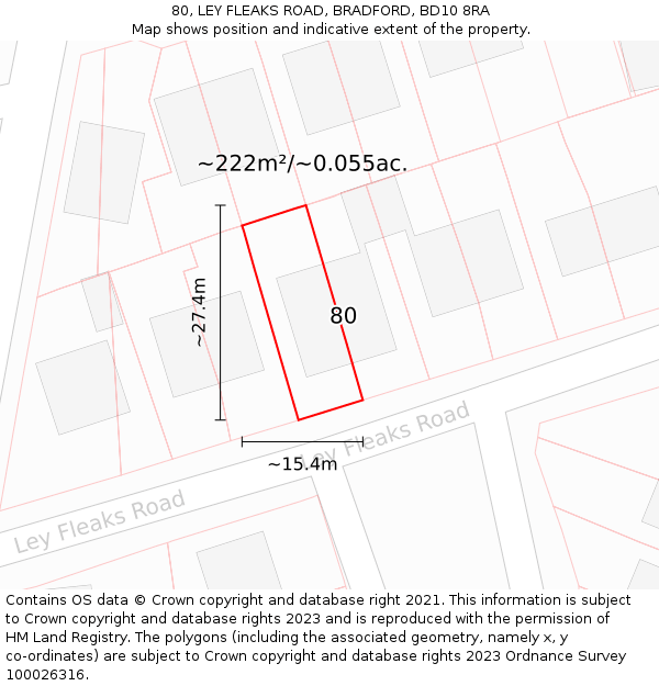 80, LEY FLEAKS ROAD, BRADFORD, BD10 8RA: Plot and title map