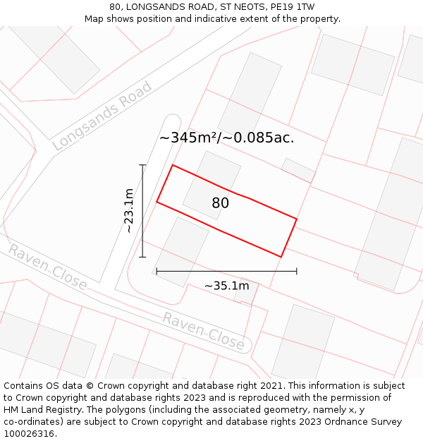 80, LONGSANDS ROAD, ST NEOTS, PE19 1TW: Plot and title map