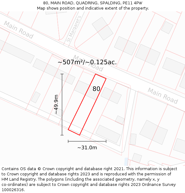 80, MAIN ROAD, QUADRING, SPALDING, PE11 4PW: Plot and title map