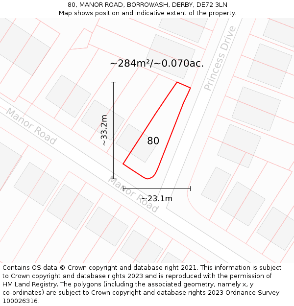 80, MANOR ROAD, BORROWASH, DERBY, DE72 3LN: Plot and title map