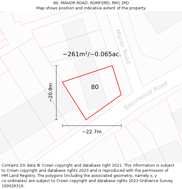 80, MANOR ROAD, ROMFORD, RM1 2RD: Plot and title map