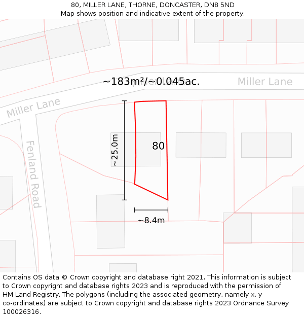 80, MILLER LANE, THORNE, DONCASTER, DN8 5ND: Plot and title map