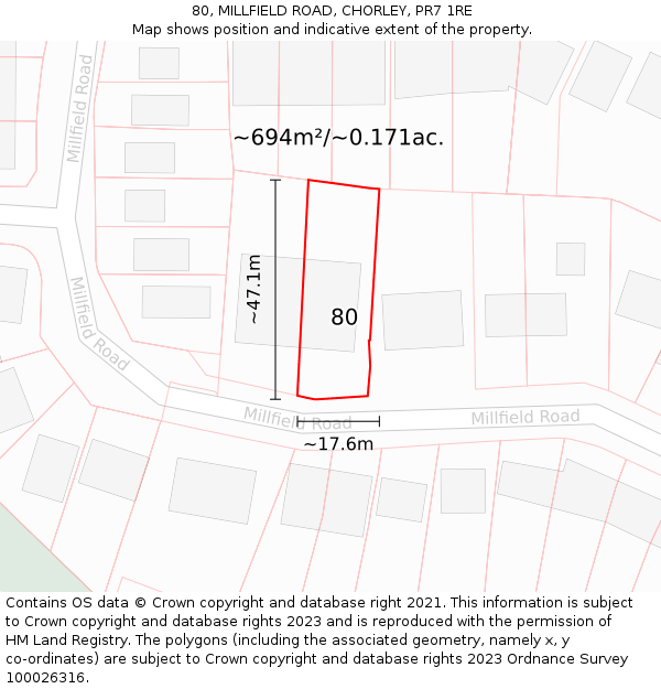 80, MILLFIELD ROAD, CHORLEY, PR7 1RE: Plot and title map