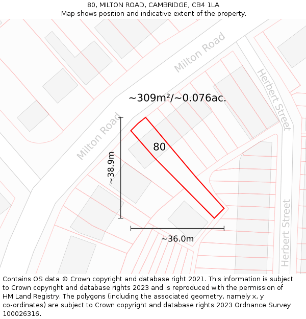 80, MILTON ROAD, CAMBRIDGE, CB4 1LA: Plot and title map