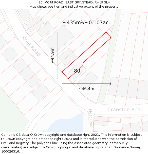 80, MOAT ROAD, EAST GRINSTEAD, RH19 3LH: Plot and title map