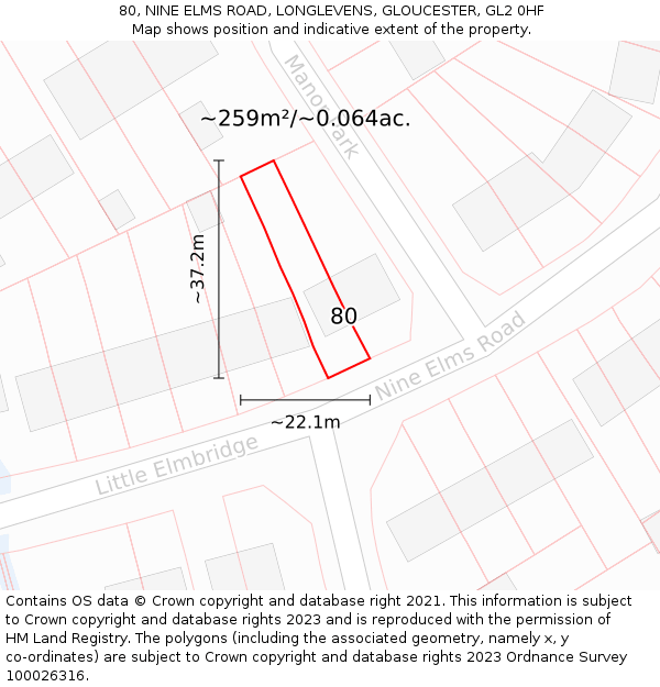 80, NINE ELMS ROAD, LONGLEVENS, GLOUCESTER, GL2 0HF: Plot and title map