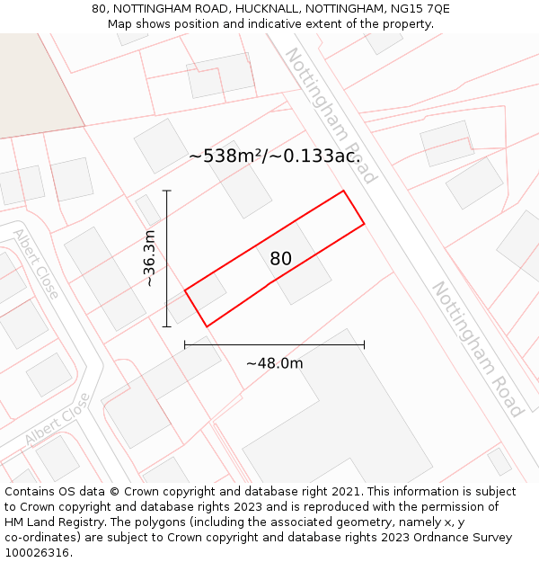 80, NOTTINGHAM ROAD, HUCKNALL, NOTTINGHAM, NG15 7QE: Plot and title map