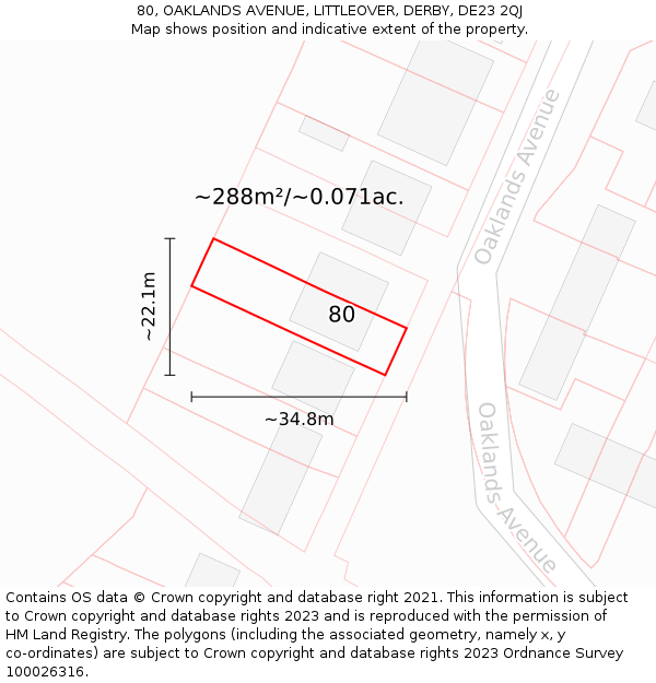 80, OAKLANDS AVENUE, LITTLEOVER, DERBY, DE23 2QJ: Plot and title map