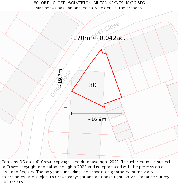 80, ORIEL CLOSE, WOLVERTON, MILTON KEYNES, MK12 5FG: Plot and title map