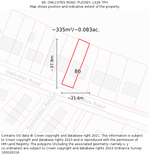 80, OWLCOTES ROAD, PUDSEY, LS28 7PH: Plot and title map