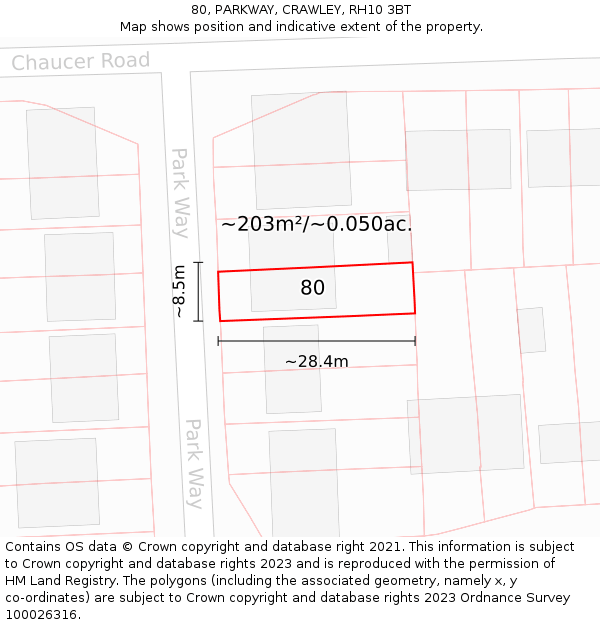 80, PARKWAY, CRAWLEY, RH10 3BT: Plot and title map