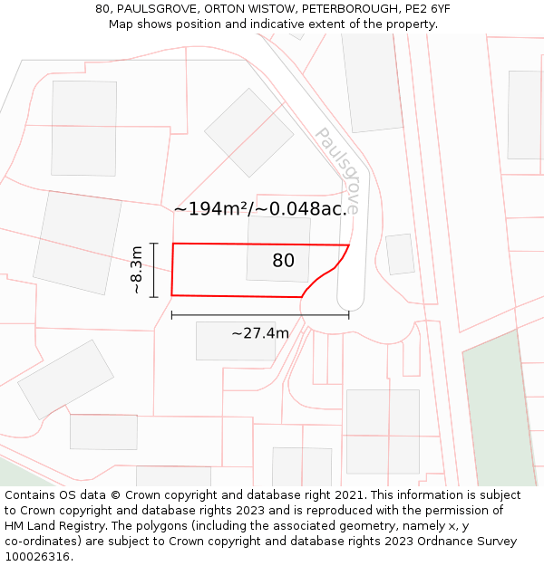 80, PAULSGROVE, ORTON WISTOW, PETERBOROUGH, PE2 6YF: Plot and title map