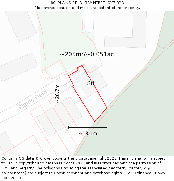 80, PLAINS FIELD, BRAINTREE, CM7 3PD: Plot and title map