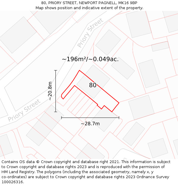 80, PRIORY STREET, NEWPORT PAGNELL, MK16 9BP: Plot and title map