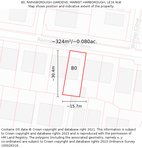 80, RAINSBOROUGH GARDENS, MARKET HARBOROUGH, LE16 9LW: Plot and title map
