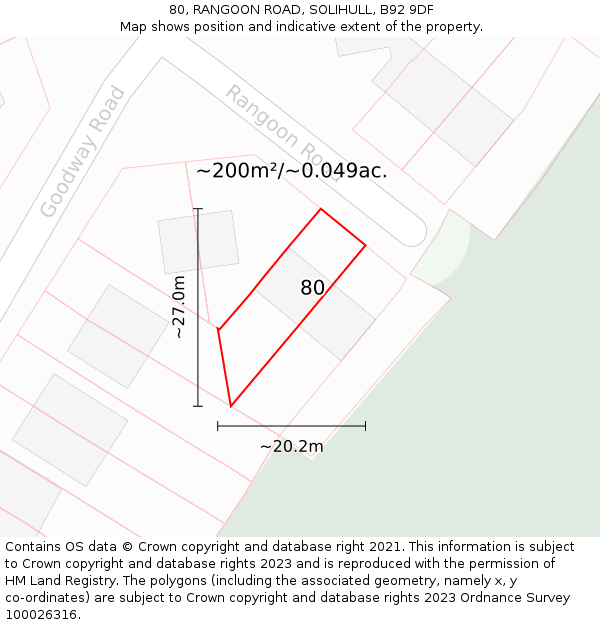 80, RANGOON ROAD, SOLIHULL, B92 9DF: Plot and title map