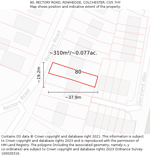 80, RECTORY ROAD, ROWHEDGE, COLCHESTER, CO5 7HY: Plot and title map