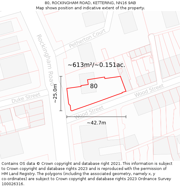 80, ROCKINGHAM ROAD, KETTERING, NN16 9AB: Plot and title map