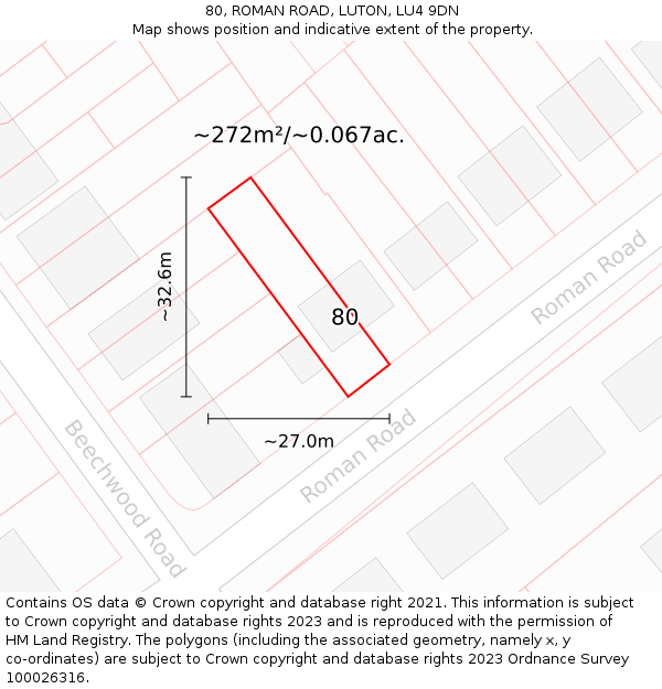80, ROMAN ROAD, LUTON, LU4 9DN: Plot and title map