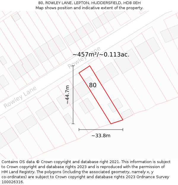 80, ROWLEY LANE, LEPTON, HUDDERSFIELD, HD8 0EH: Plot and title map