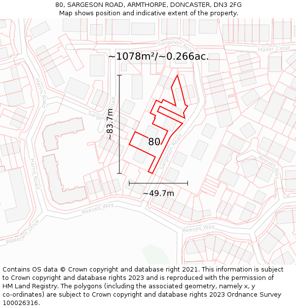 80, SARGESON ROAD, ARMTHORPE, DONCASTER, DN3 2FG: Plot and title map