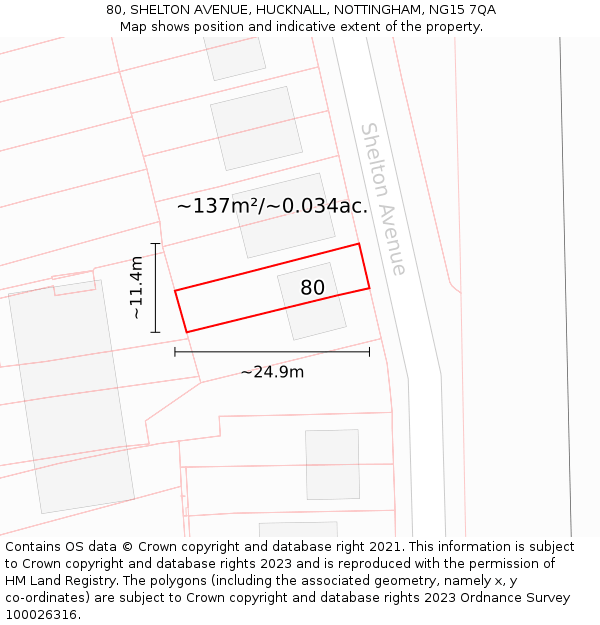 80, SHELTON AVENUE, HUCKNALL, NOTTINGHAM, NG15 7QA: Plot and title map