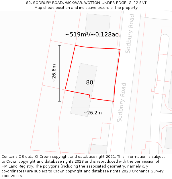 80, SODBURY ROAD, WICKWAR, WOTTON-UNDER-EDGE, GL12 8NT: Plot and title map