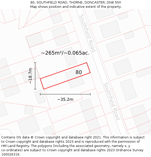 80, SOUTHFIELD ROAD, THORNE, DONCASTER, DN8 5NY: Plot and title map
