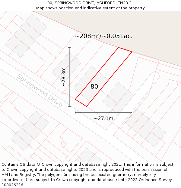 80, SPRINGWOOD DRIVE, ASHFORD, TN23 3LJ: Plot and title map