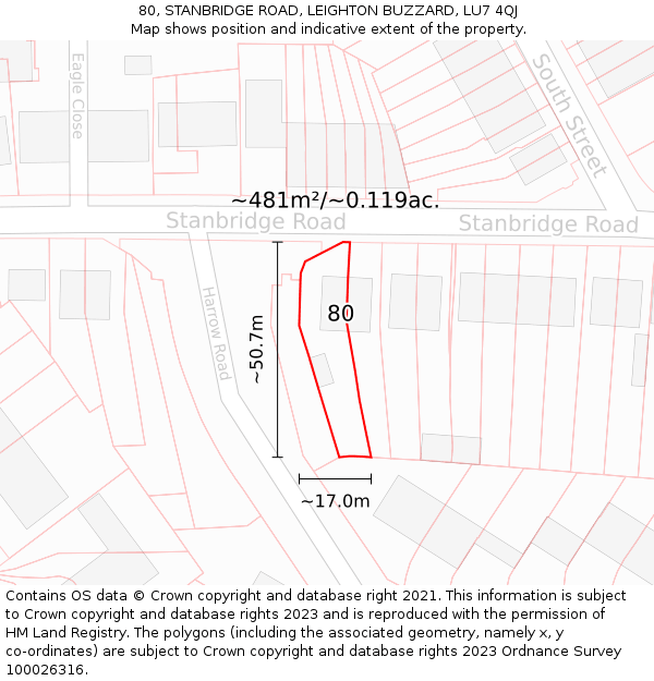 80, STANBRIDGE ROAD, LEIGHTON BUZZARD, LU7 4QJ: Plot and title map