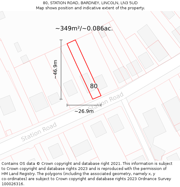 80, STATION ROAD, BARDNEY, LINCOLN, LN3 5UD: Plot and title map