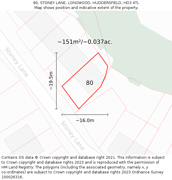 80, STONEY LANE, LONGWOOD, HUDDERSFIELD, HD3 4TL: Plot and title map
