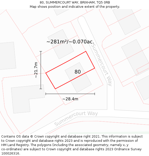 80, SUMMERCOURT WAY, BRIXHAM, TQ5 0RB: Plot and title map
