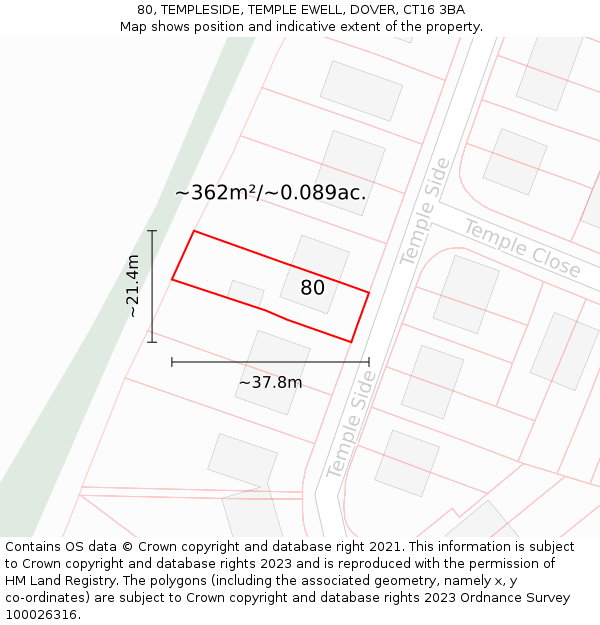 80, TEMPLESIDE, TEMPLE EWELL, DOVER, CT16 3BA: Plot and title map