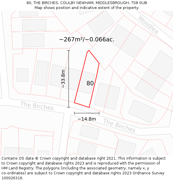 80, THE BIRCHES, COULBY NEWHAM, MIDDLESBROUGH, TS8 0UB: Plot and title map