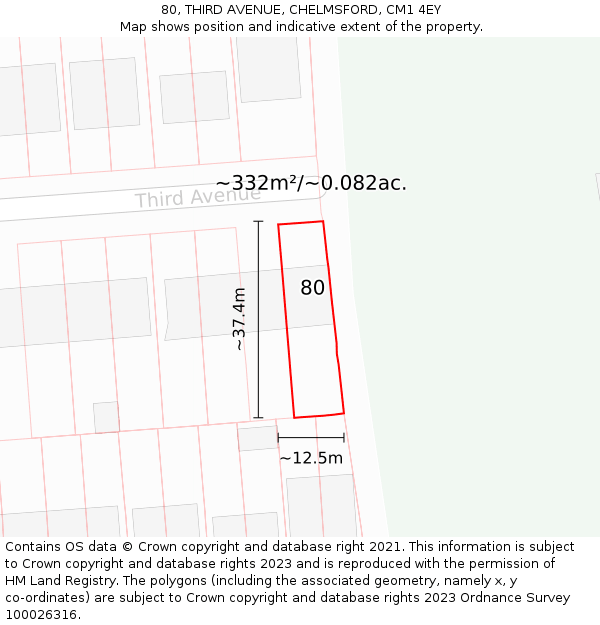 80, THIRD AVENUE, CHELMSFORD, CM1 4EY: Plot and title map