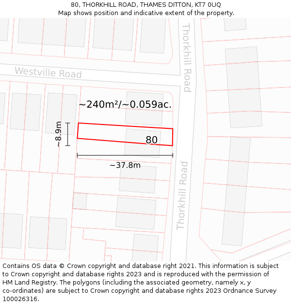 80, THORKHILL ROAD, THAMES DITTON, KT7 0UQ: Plot and title map