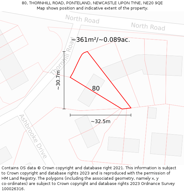 80, THORNHILL ROAD, PONTELAND, NEWCASTLE UPON TYNE, NE20 9QE: Plot and title map
