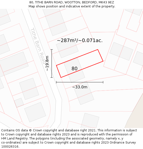 80, TITHE BARN ROAD, WOOTTON, BEDFORD, MK43 9EZ: Plot and title map