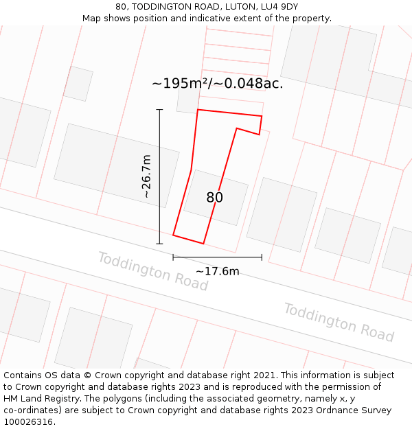 80, TODDINGTON ROAD, LUTON, LU4 9DY: Plot and title map