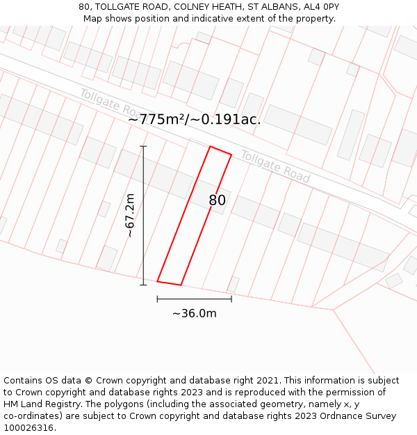 80, TOLLGATE ROAD, COLNEY HEATH, ST ALBANS, AL4 0PY: Plot and title map