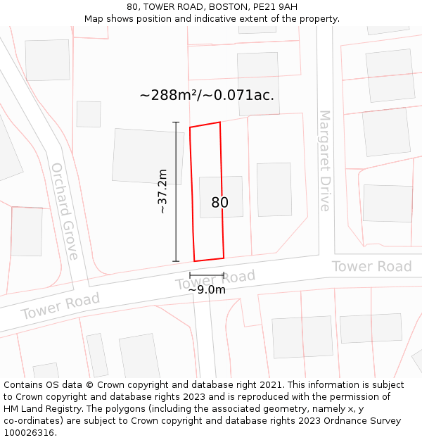 80, TOWER ROAD, BOSTON, PE21 9AH: Plot and title map