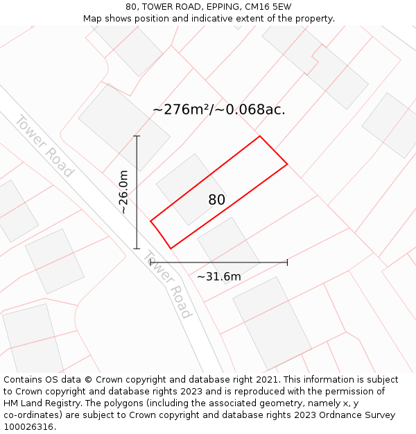 80, TOWER ROAD, EPPING, CM16 5EW: Plot and title map
