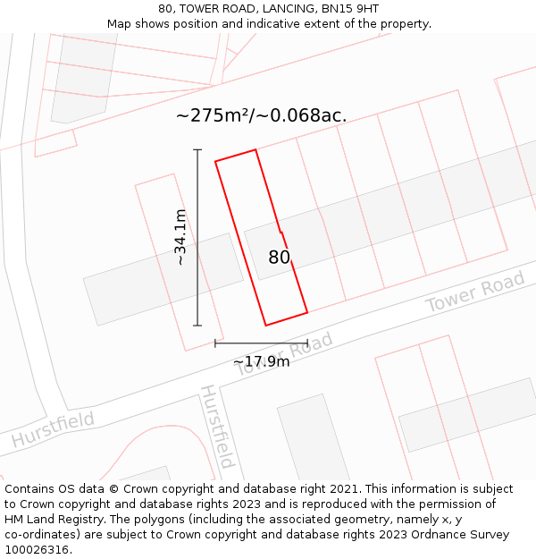 80, TOWER ROAD, LANCING, BN15 9HT: Plot and title map
