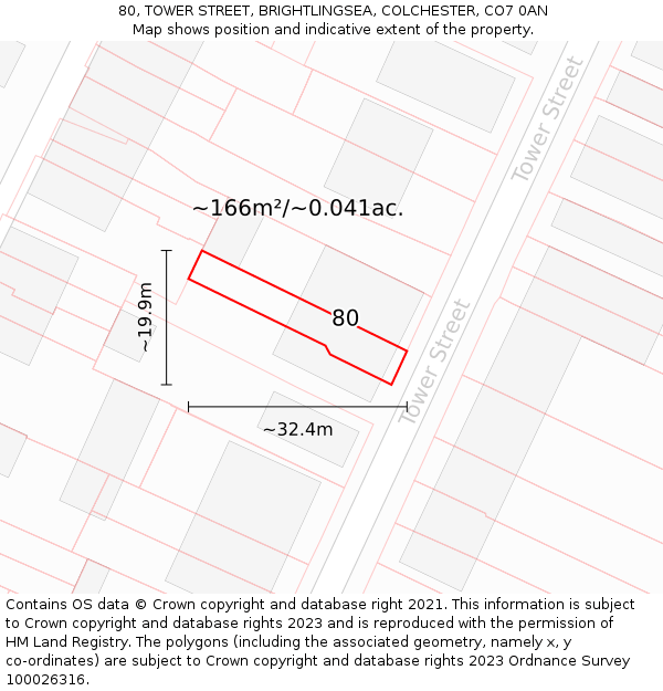 80, TOWER STREET, BRIGHTLINGSEA, COLCHESTER, CO7 0AN: Plot and title map