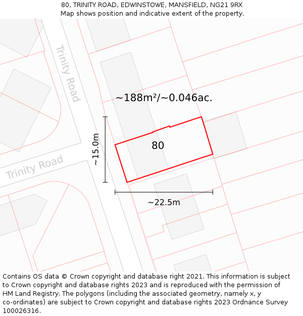 80, TRINITY ROAD, EDWINSTOWE, MANSFIELD, NG21 9RX: Plot and title map