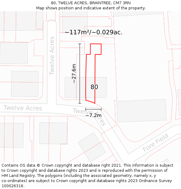 80, TWELVE ACRES, BRAINTREE, CM7 3RN: Plot and title map