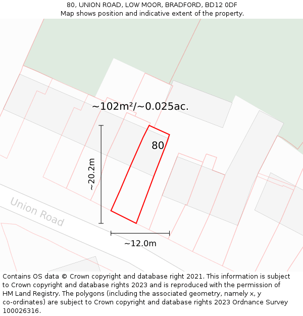 80, UNION ROAD, LOW MOOR, BRADFORD, BD12 0DF: Plot and title map