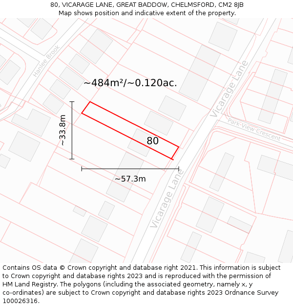 80, VICARAGE LANE, GREAT BADDOW, CHELMSFORD, CM2 8JB: Plot and title map